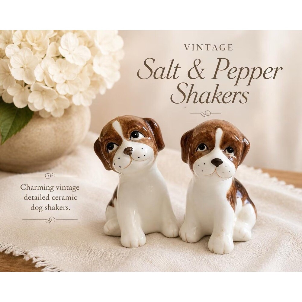 Vintage Made in Japan Ceramic Puppy Dog Salt & Pepper Shakers Brown White Black